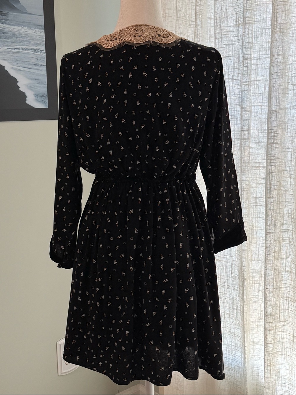Free People Sweet Delfina Black Mini Dress, Lace Collar & Velvet Trim - Sz M - Picture 3 of 11